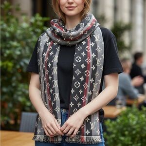 Louis Vuitton Gray and Red Monogram Scarf